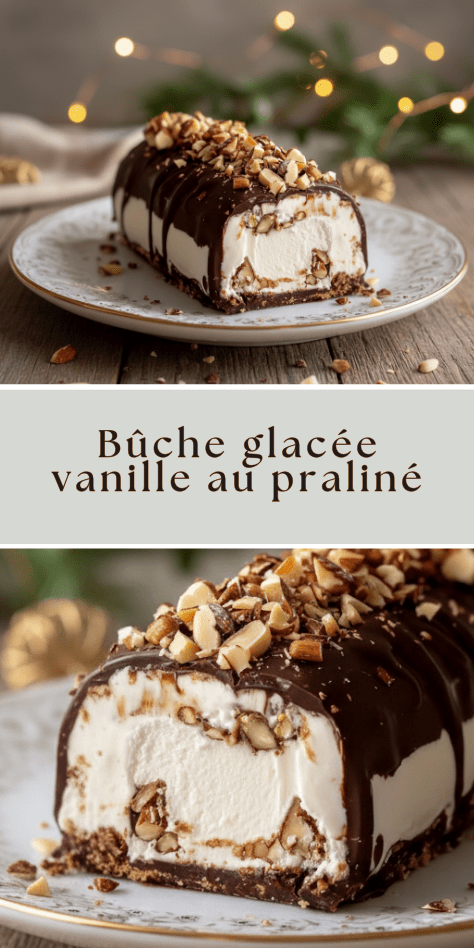 Bûche glacée vanille avec cœur praliné croustillant et glaçage chocolat brillant