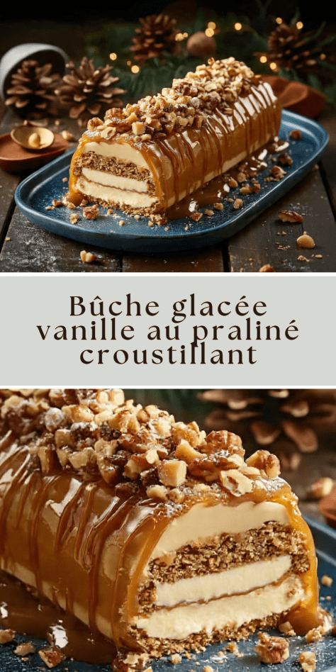 Bûche caramel beurre salé glacée avec éclats croquants et caramel coulant
