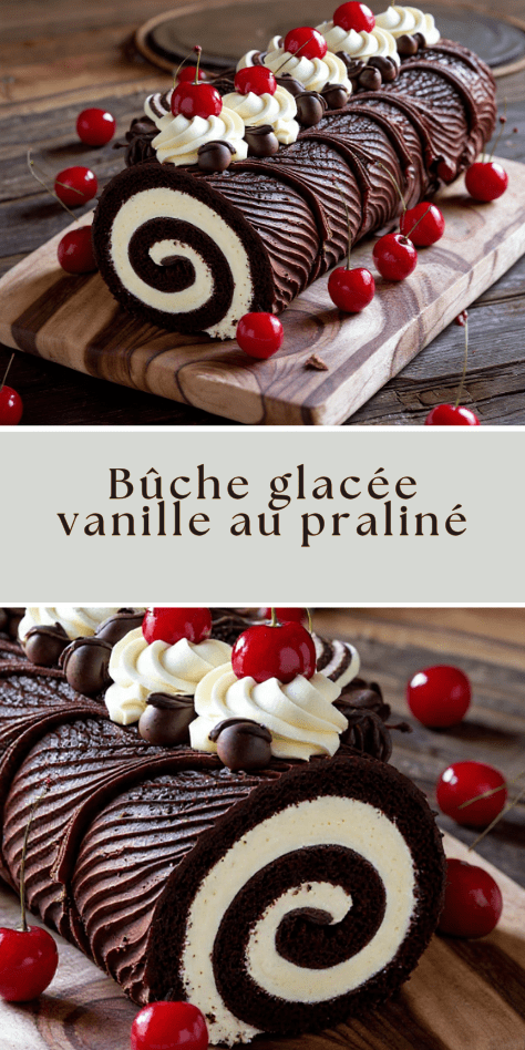 Bûche chocolat cerises garnie de chantilly, cerises et ganache brillante