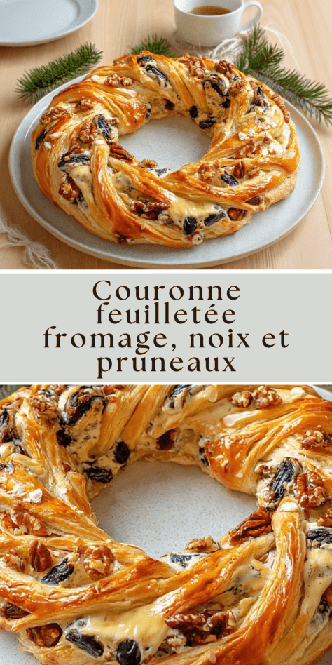 Couronne feuilletée fromage, noix et pruneaux dorée et croustillante sur une plaque