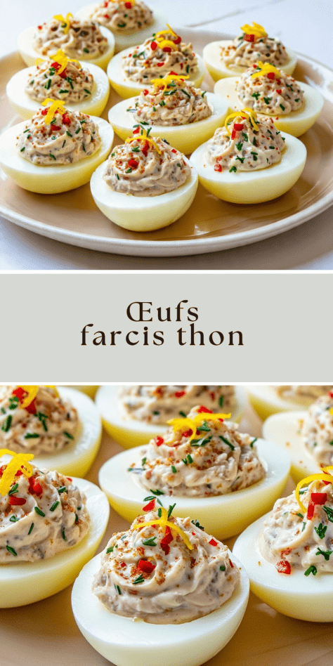 Œufs farcis thon garnis d’herbes fraîches, poivron rouge et zeste de citron