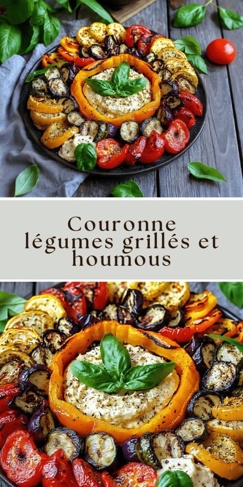 Couronne légumes grillés autour d’un houmous crémeux décoré de basilic