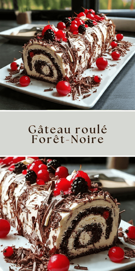 Gâteau roulé Forêt-Noire décoré de copeaux de chocolat et de cerises, tranché en parts sur un plat de service pour un dessert de fête élégant.