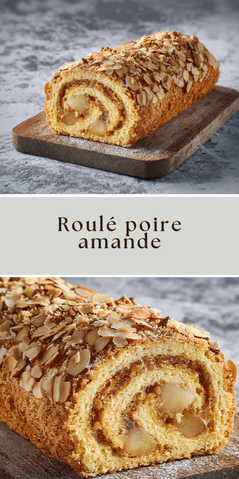 Roulé poire amande garni de crème mascarpone et amandes effilées