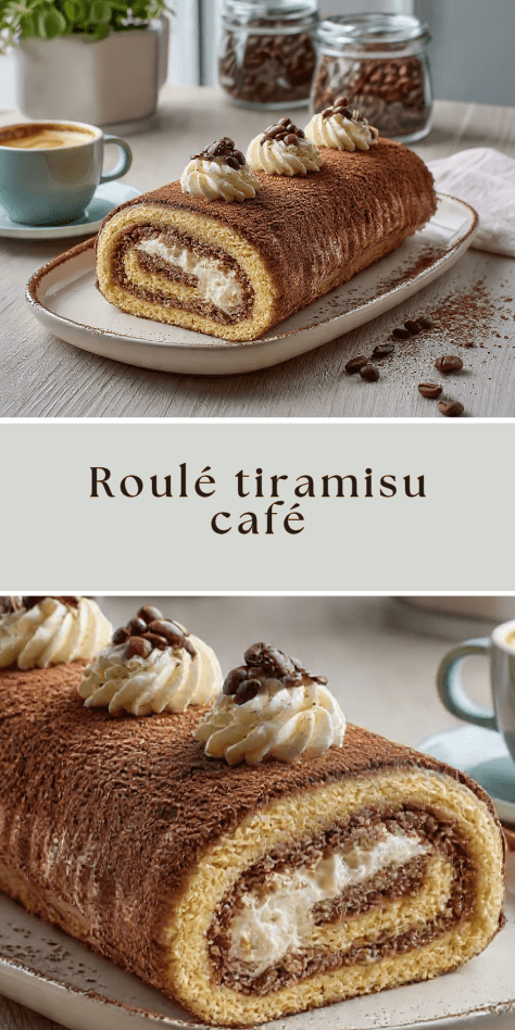 Roulé tiramisu café au mascarpone, saupoudré de cacao et décoré de grains de café