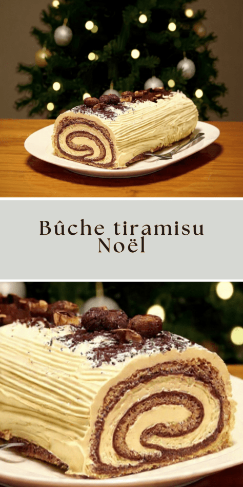 Bûche tiramisu Noël roulée, saupoudrée de cacao et décorée de grains de café