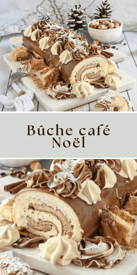 Bûche café Noël roulée, poudrée de cacao, décorée de grains de café