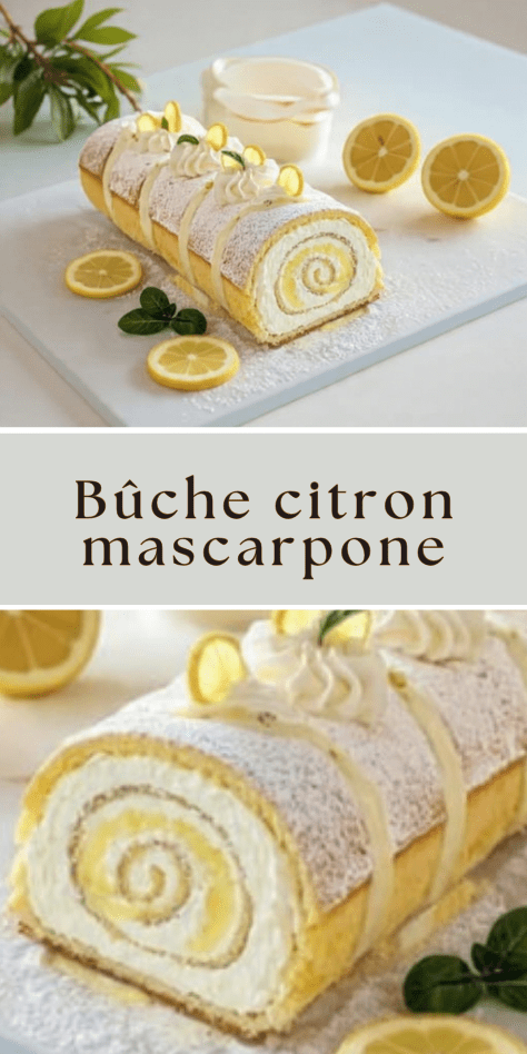 Bûche citron mascarpone roulée, décorée de zestes de citron et crème au mascarpone