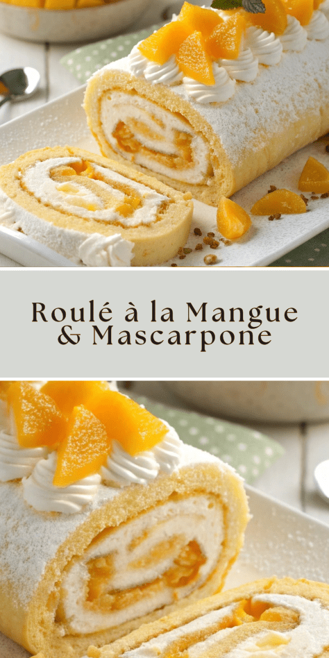 Roulé mangue mascarpone tranché, montrant une spirale de biscuit doré et de crème à la mangue, décoré de morceaux de mangue fraîche sur un plat de service.