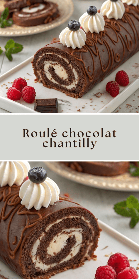 Roulé chocolat chantilly tranché, montrant une spirale de biscuit au cacao et de chantilly blanche, posé sur un plat de service avec saupoudrage de cacao.
