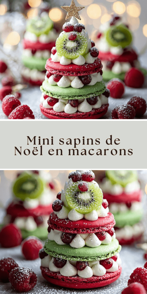 Sapins de Noël en macarons empilés, garnis de buttercream, de groseilles rouges, de kiwi et saupoudrés de sucre glace sur un plateau de fête.