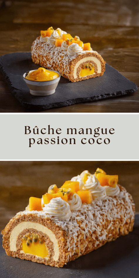 Bûche mangue passion coco, dessert exotique de Noël tropical