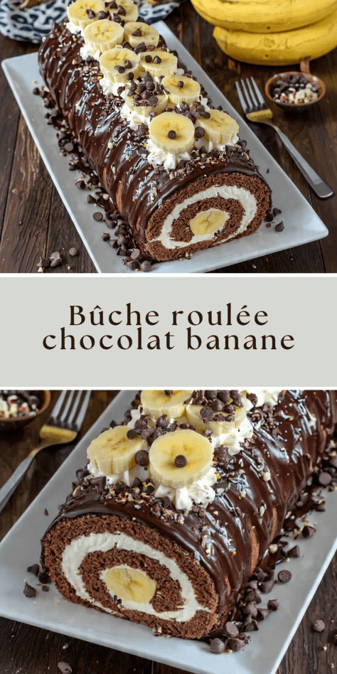 Bûche roulée chocolat banane avec glaçage brillant et décor de rondelles de banane