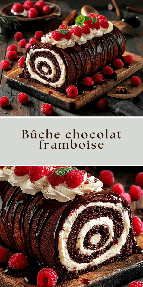 Bûche chocolat framboise décorée de framboises fraîches et ganache brillante