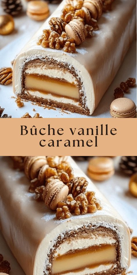 Bûche vanille caramel aux noix décorée de macarons, noix de pécan et sucre glace, présentée sur un plat de fête pour un dessert de Noël gourmand.