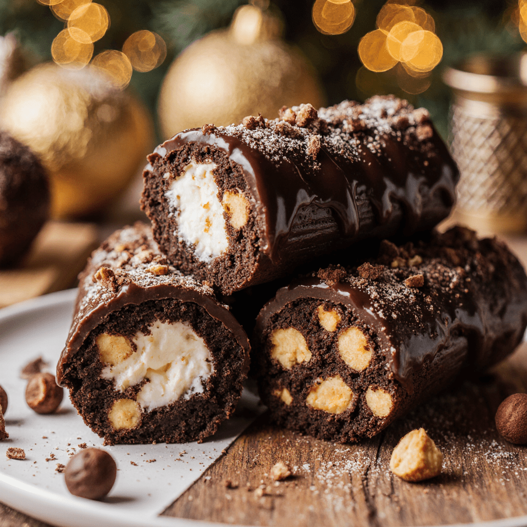 Mini bûchettes au chocolat et spéculoos décorées de cacao et noisettes sur assiette festive.