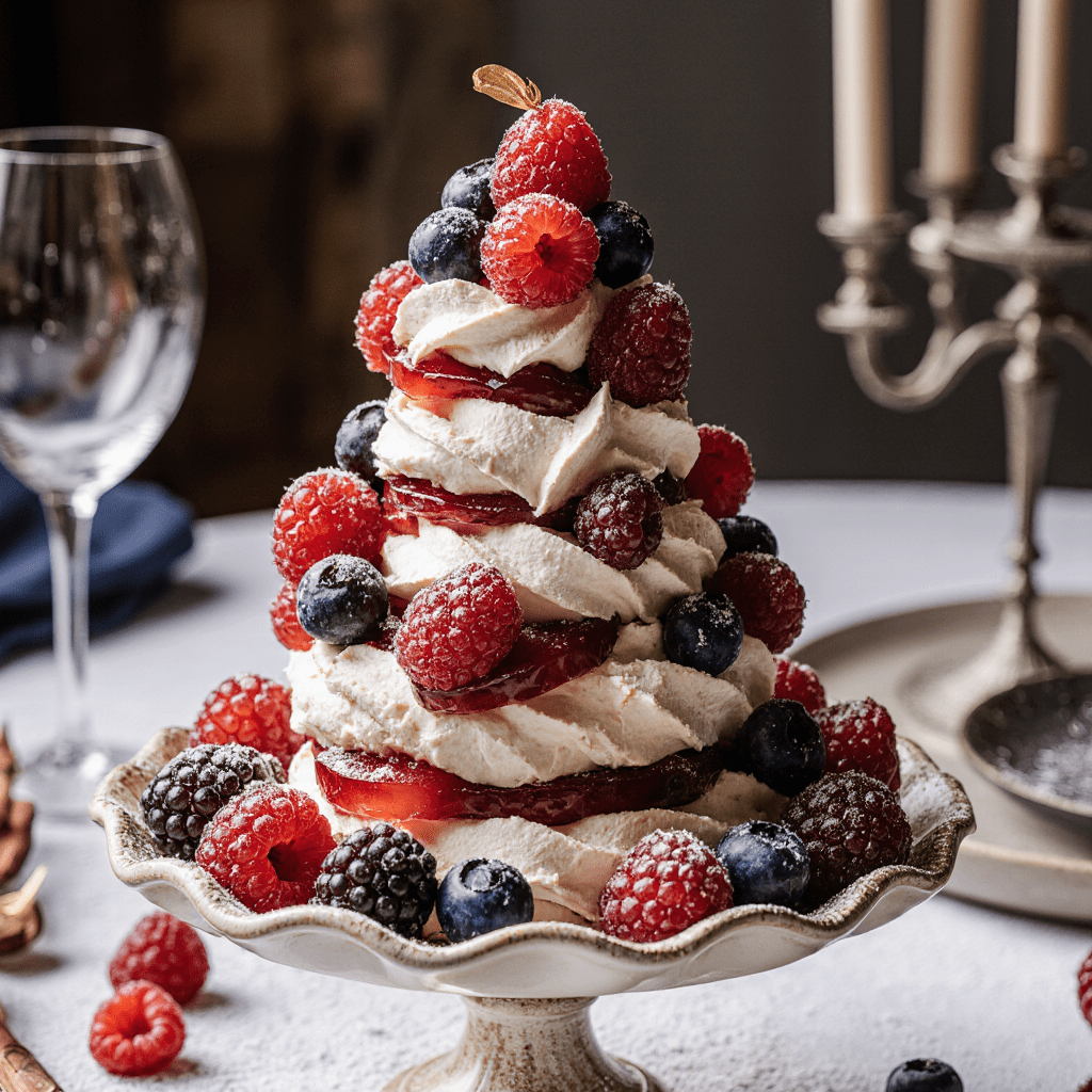 Pavlova montée en étages garnie de crème fouettée et de fruits rouges en forme de sapin de Noël.