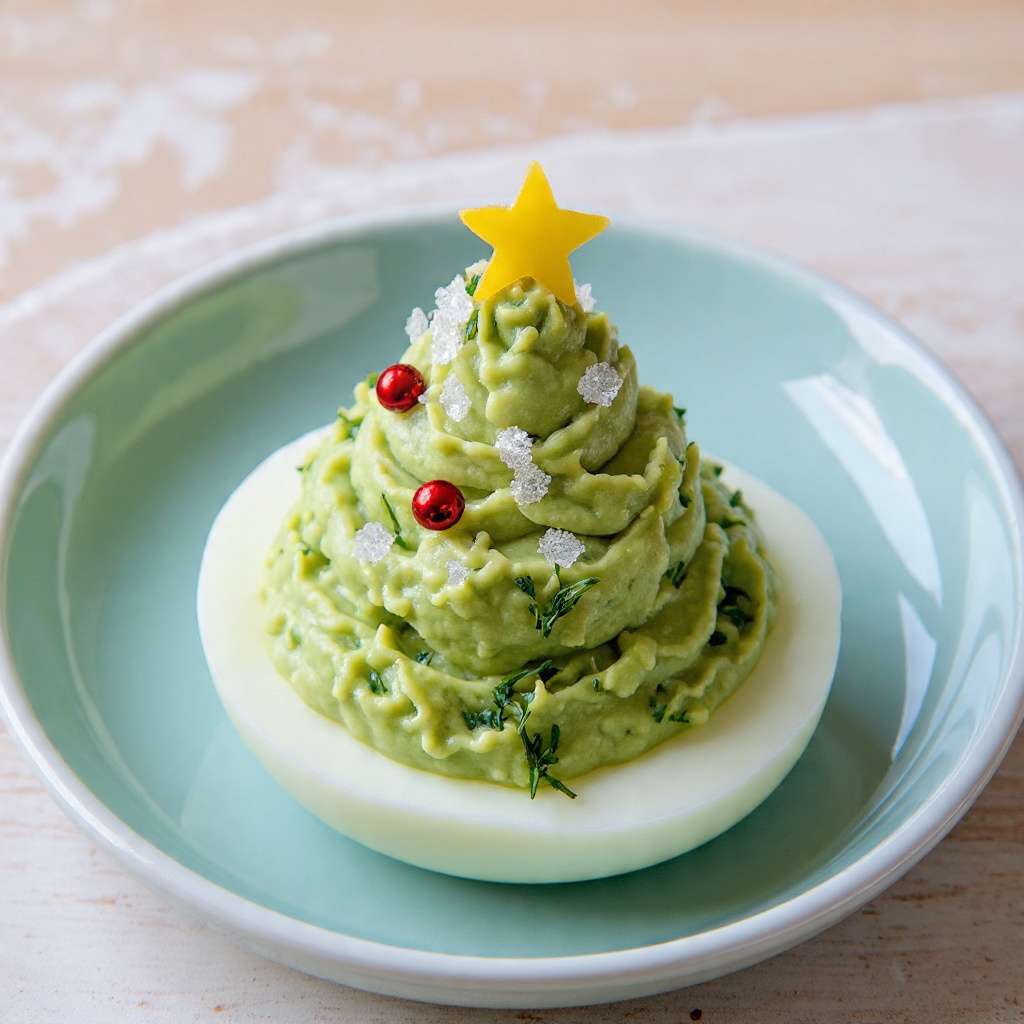 Œufs farcis guacamole en forme de sapins décorés de perles rouges et étoiles de fromage