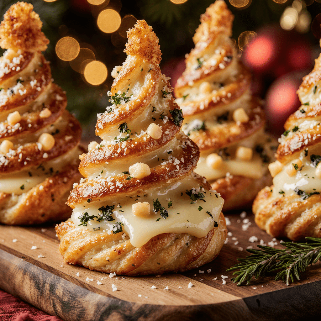 Sapins de Noël feuilletés au fromage dorés au four, présentés pour l’apéritif.