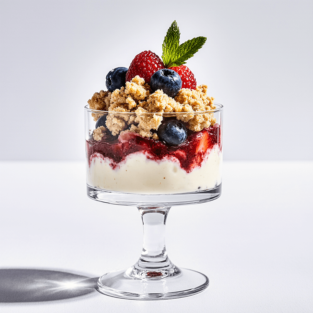 Verrines de crumble fruits rouges et mascarpone avec couches gourmandes et décoration menthe.