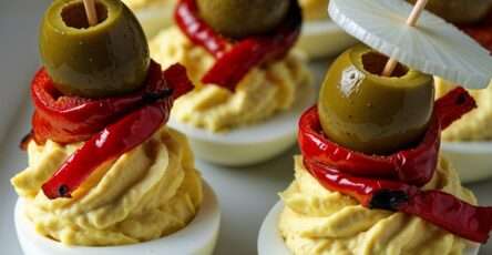 Œufs farcis méditerranéens décorés avec olives, poivrons rôtis et rondelles de radis sur un plateau de service