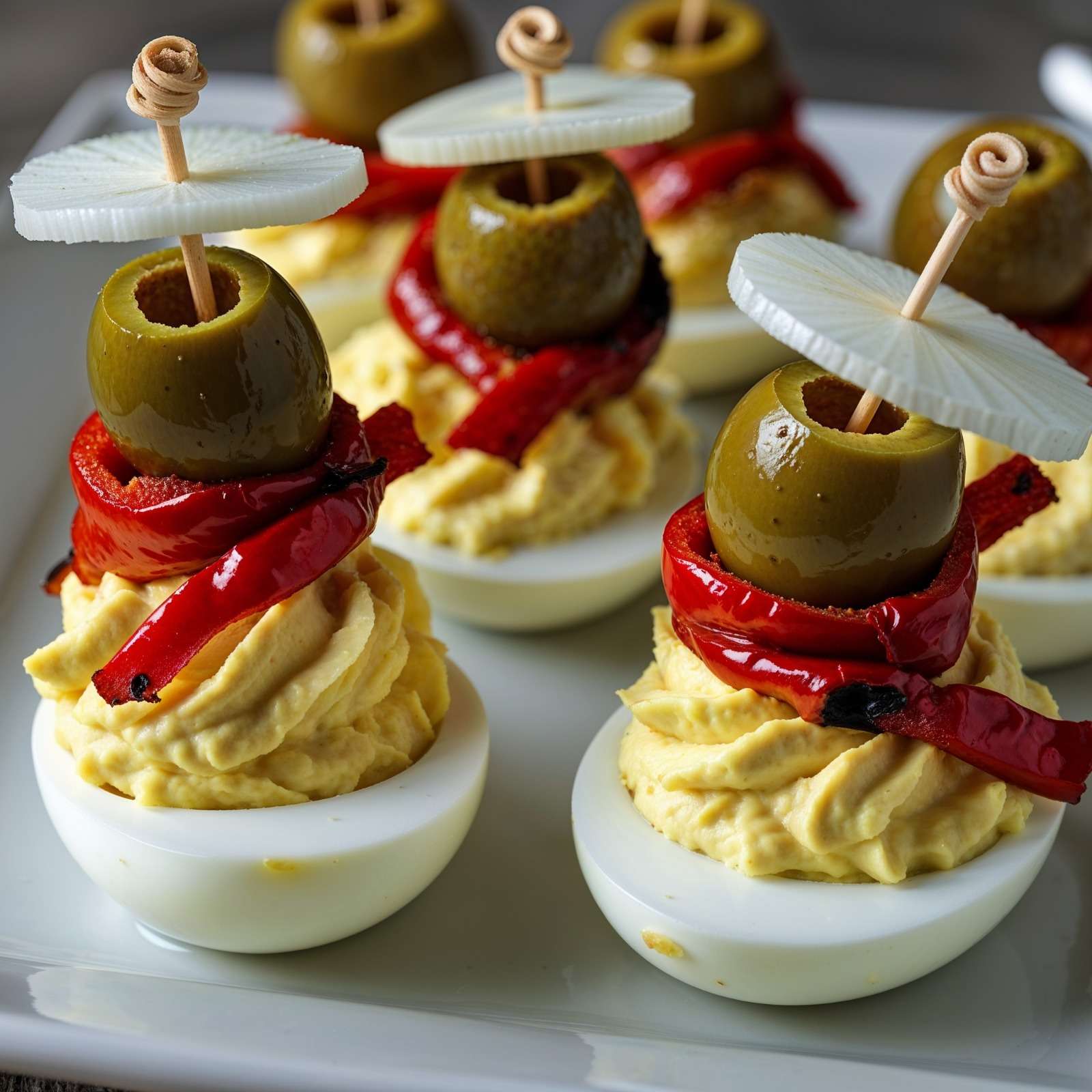 Œufs farcis méditerranéens décorés avec olives, poivrons rôtis et rondelles de radis sur un plateau de service