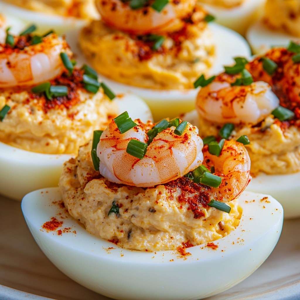 Œufs mimosa crevettes garnis de farce crémeuse au paprika et ciboulette, décorés d’une crevette sur le dessus