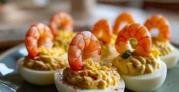 Œufs mimosa au curry garnis de crevettes verticales, ciboulette et paprika sur un plat frais