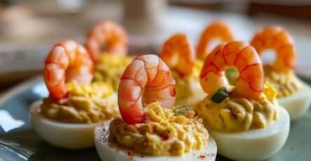 Œufs mimosa au curry garnis de crevettes verticales, ciboulette et paprika sur un plat frais