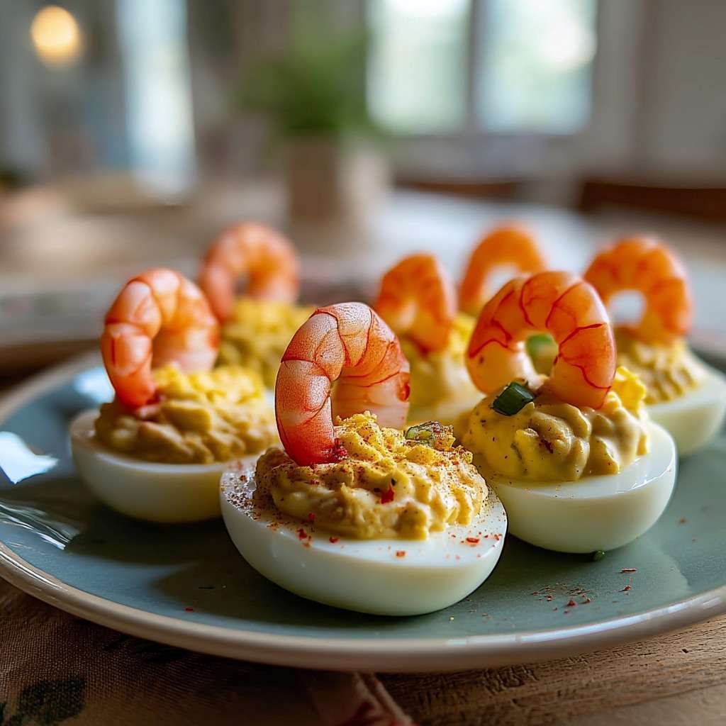 Œufs mimosa au curry garnis de crevettes verticales, ciboulette et paprika sur un plat frais