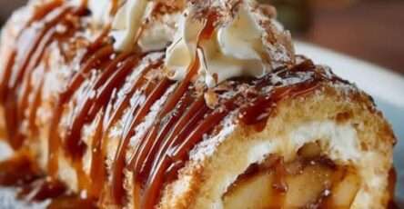 Bûche caramel beurre salé roulée, garnie de pommes caramélisées et filet de caramel