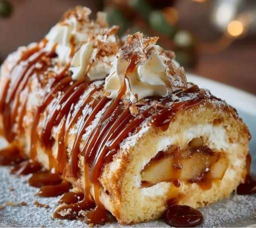 Bûche caramel beurre salé roulée, garnie de pommes caramélisées et filet de caramel