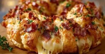 Couronne feuilletée garnie de bacon et fromage à raclette, dorée et fondante, servie sur une plaque