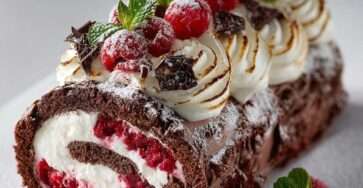 bûche glacée chocolat framboise recouverte de meringue dorée et framboises fraîches