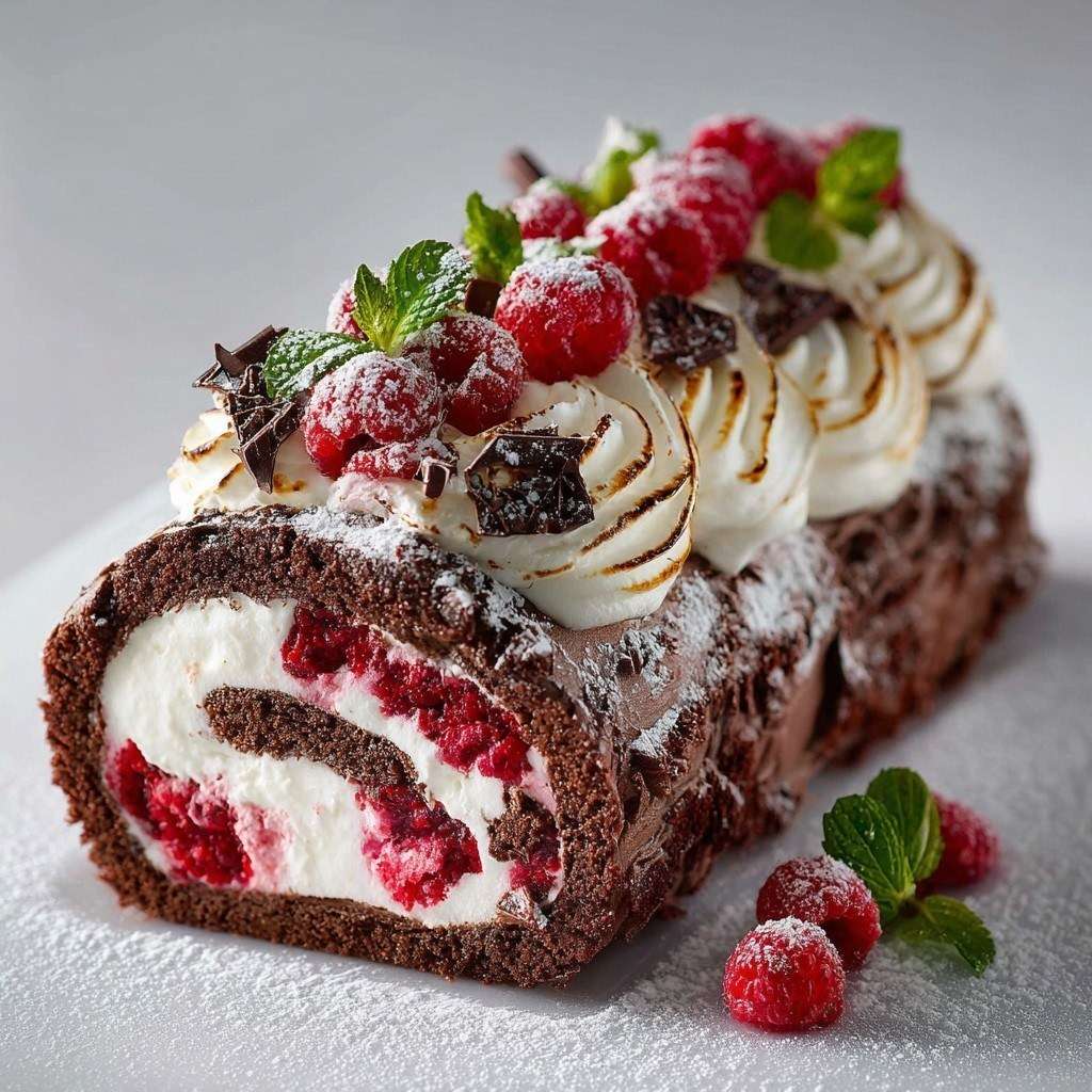 bûche glacée chocolat framboise recouverte de meringue dorée et framboises fraîches