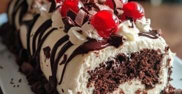 Gâteau roulé Forêt-Noire avec chantilly, cerises et copeaux de chocolat