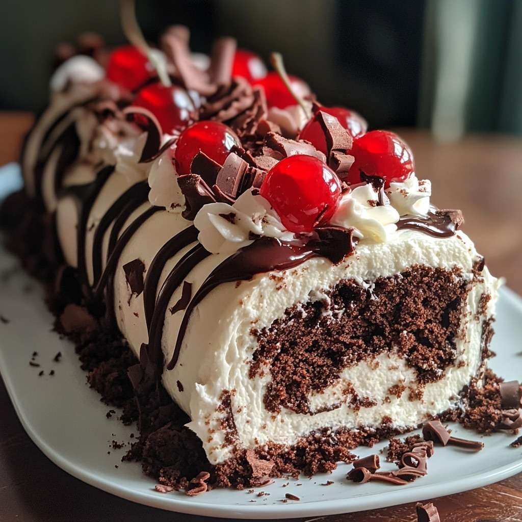 Gâteau roulé Forêt-Noire avec chantilly, cerises et copeaux de chocolat