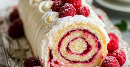 Gâteau roulé vanille framboise avec génoise moelleuse et confiture brillante