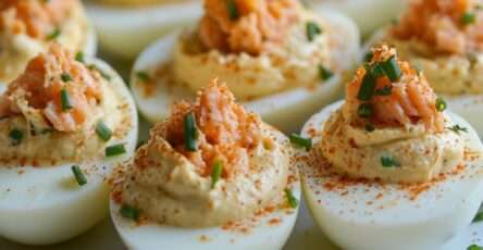 Œufs mimosa saumon garnis d’herbes fraîches et légèrement saupoudrés de paprika