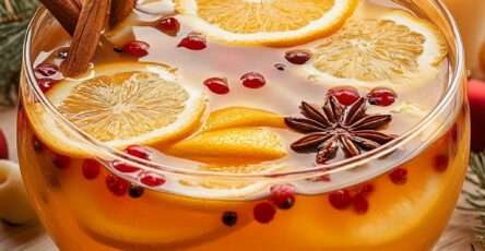 Punch de Noël servi dans un grand bol avec agrumes, cannelle et anis étoilé