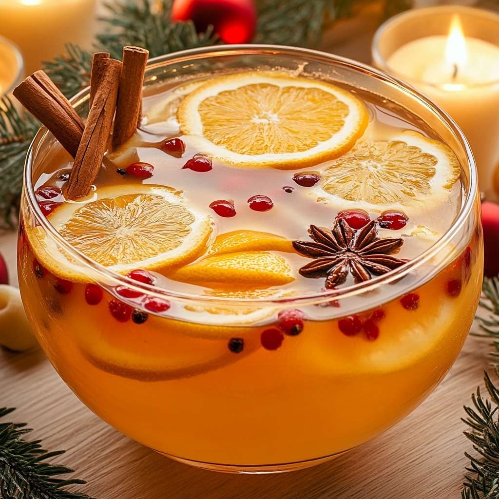 Punch de Noël servi dans un grand bol avec agrumes, cannelle et anis étoilé