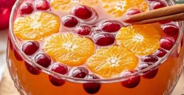 Punch de Noël sans alcool avec oranges, canneberges, cannelle et anis étoilé dans un grand saladier