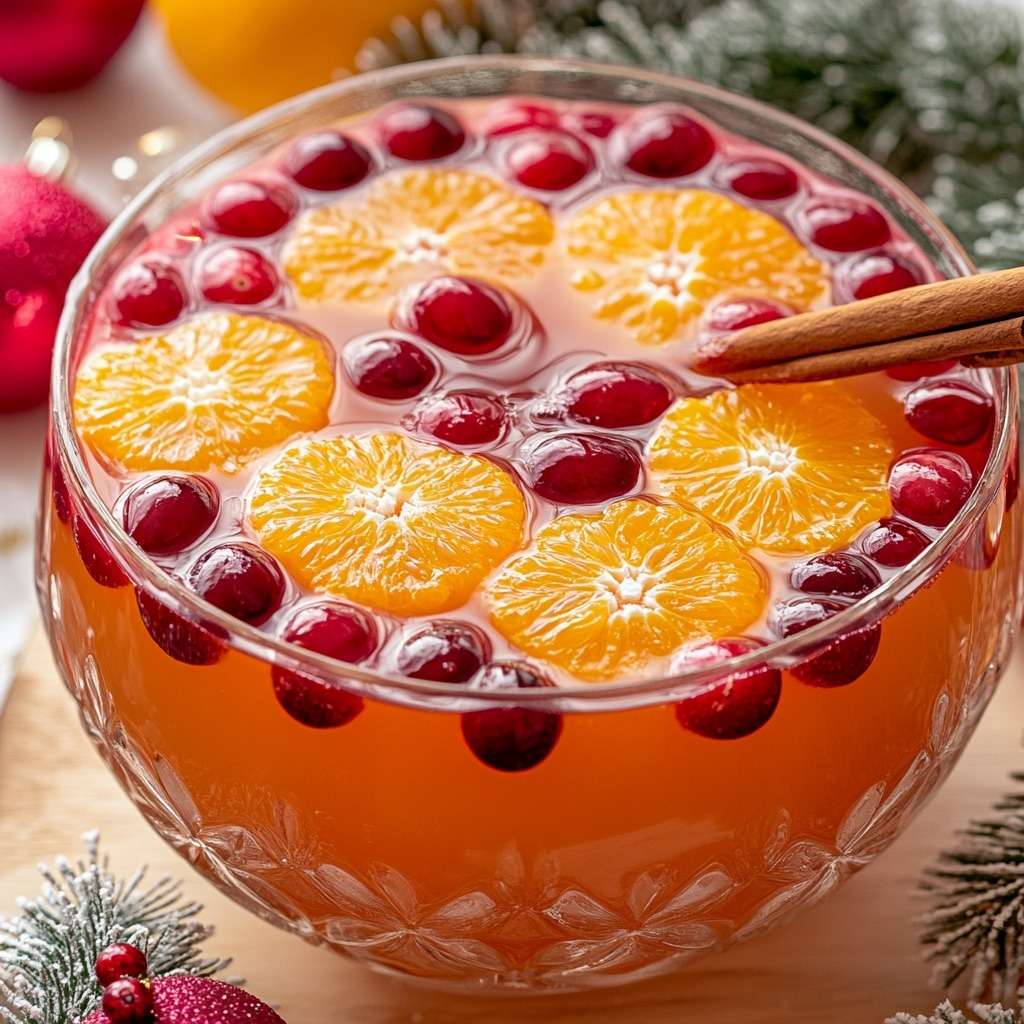 Punch de Noël sans alcool avec oranges, canneberges, cannelle et anis étoilé dans un grand saladier
