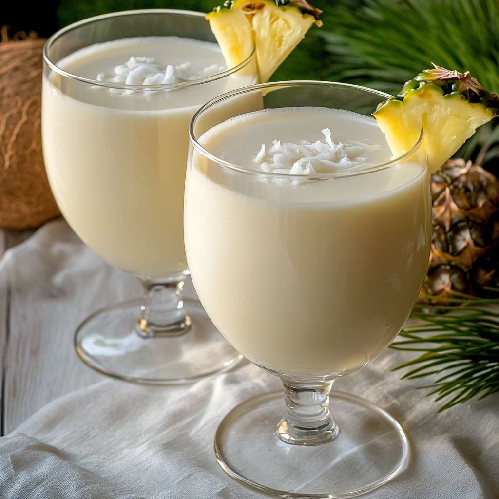 Punch coco Noël servi dans des verres décorés de noix de coco râpée et tranches d’ananas