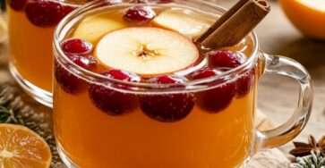 Punch chaud pomme Noël servi dans des tasses transparentes avec épices et rondelles d’agrumes