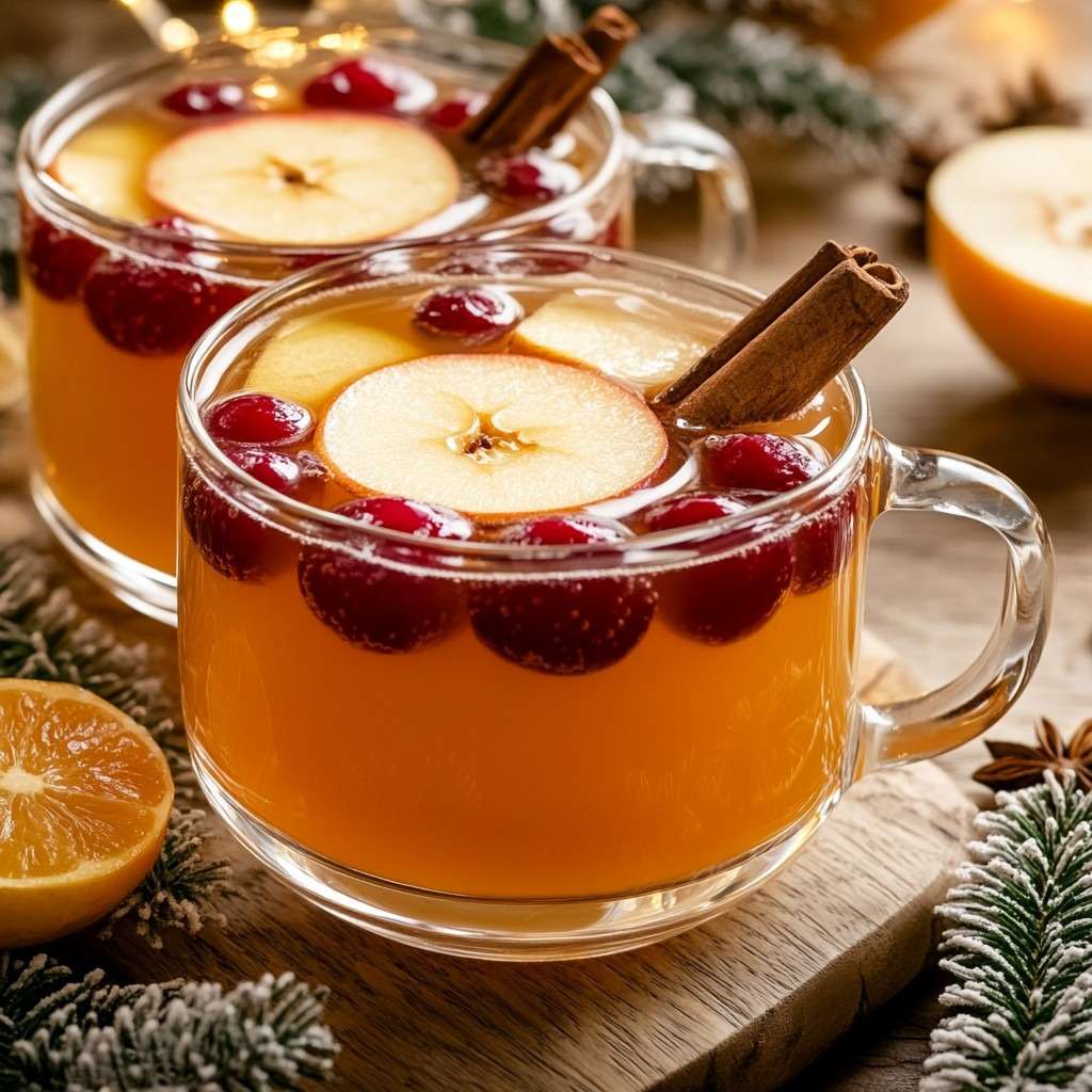 Punch chaud pomme Noël servi dans des tasses transparentes avec épices et rondelles d’agrumes