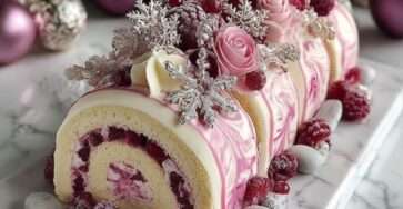 Bûche framboise vanille marbrée avec glaçage blanc et rose et décor aux framboises