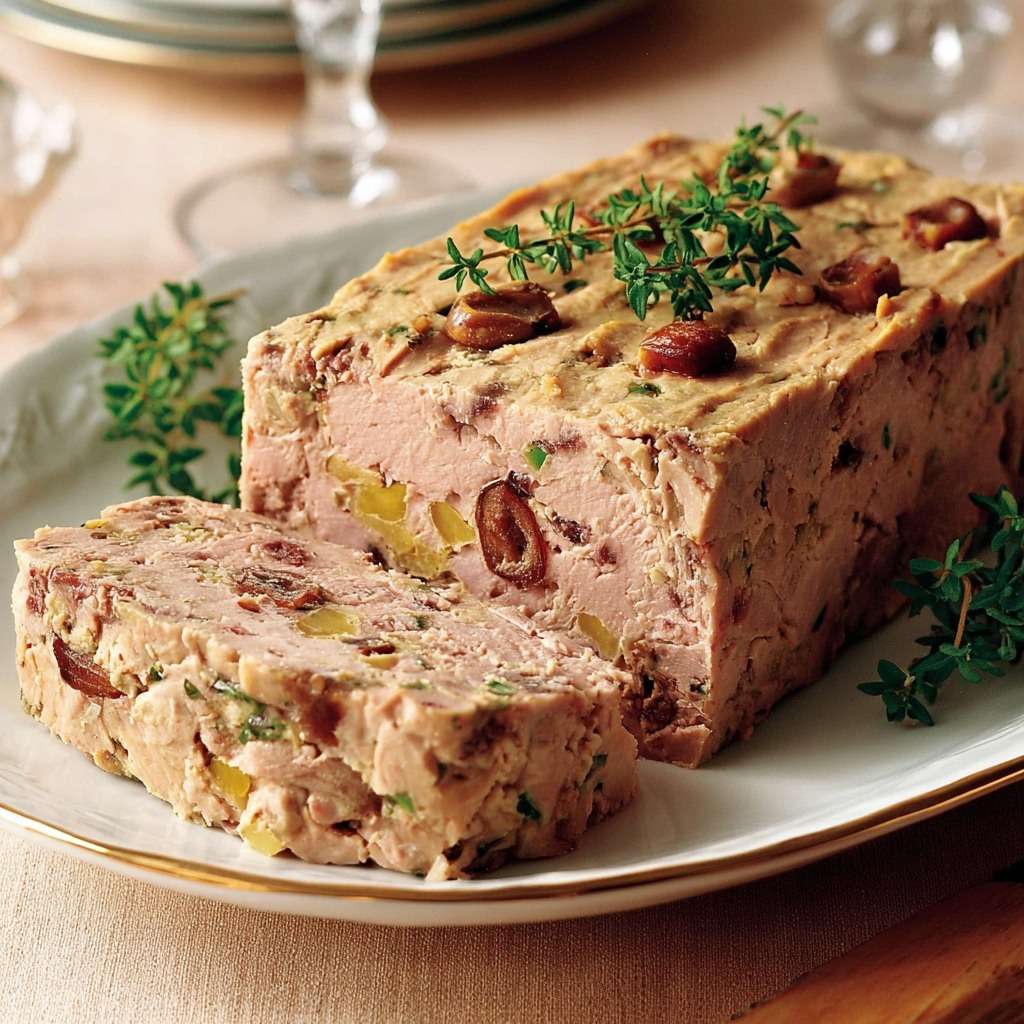 Terrine volaille châtaignes aux herbes, avec morceaux visibles et décoration de châtaignes entières