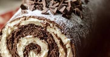 Bûche chocolat roulée avec glaçage brillant, copeaux de chocolat et finition sucre glace