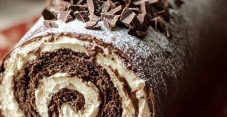 Bûche chocolat roulée avec glaçage brillant, copeaux de chocolat et finition sucre glace
